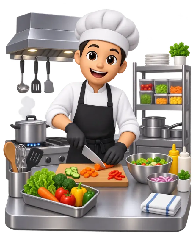 Работник кухни нарезает овощи на профессиональной кухне